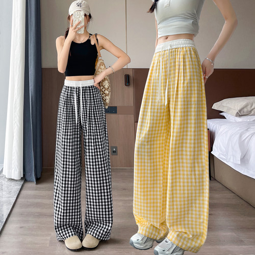 高腰纯棉格子直筒阔腿裤女夏薄款
