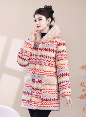 冬季棉袄民族风连帽棉服女短款加绒加厚保暖毛内胆时尚外穿妈妈装