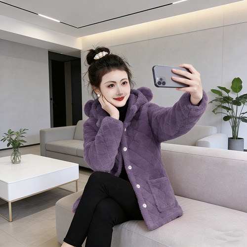 加绒加厚连帽小香风女短款棉服