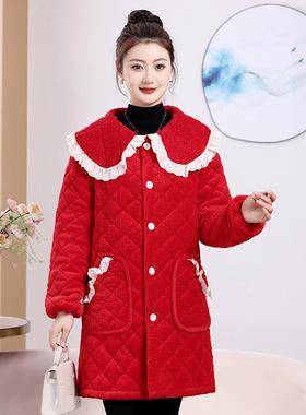 中长款家居服棉衣外套加绒保暖冬季特厚三层防寒女装时尚棉衣棉服