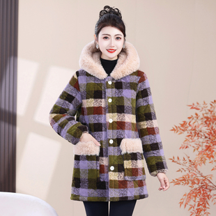 新款格纹棉服女短款连帽加绒加厚保暖棉衣外套时尚格子妈妈装外套
