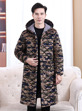 中老年棉大衣加长款棉衣男冬季外套加厚棉服防寒棉袄迷彩工作服