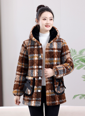 小个子短款棉袄格子棉服上衣夹棉加绒加厚连帽棉衣冬季短外套女装