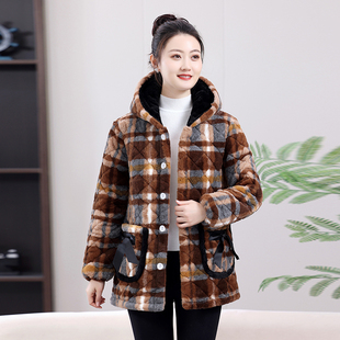 小个子短款棉袄格子棉服上衣夹棉加绒加厚连帽棉衣冬季短外套女装