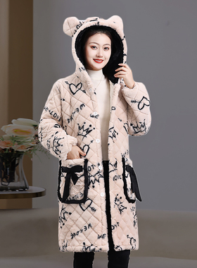 冬季女装豹纹棉衣加绒加厚中长款棉袄大衣时尚居家服外穿保暖风衣