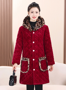 新款棉衣加绒加厚保暖棉罩衣中老年妈妈时尚连帽棉服女家居服外套