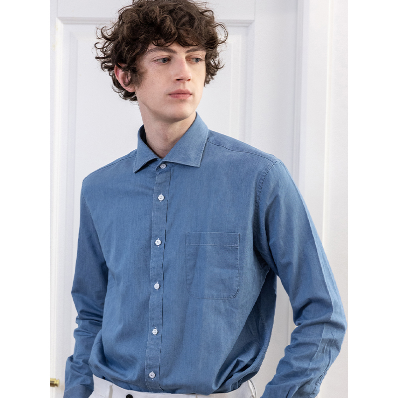 DITTY翻领长袖休闲水洗牛仔衬衫