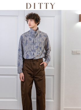 DITTY男装印花男士长袖廓形衬衫立领蓝色灰色条纹法式春夏秋冬潮