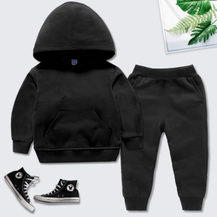 儿童运动服套装秋季纯黑色帽衫卫衣卫裤男童秋季休闲服女孩套头衫