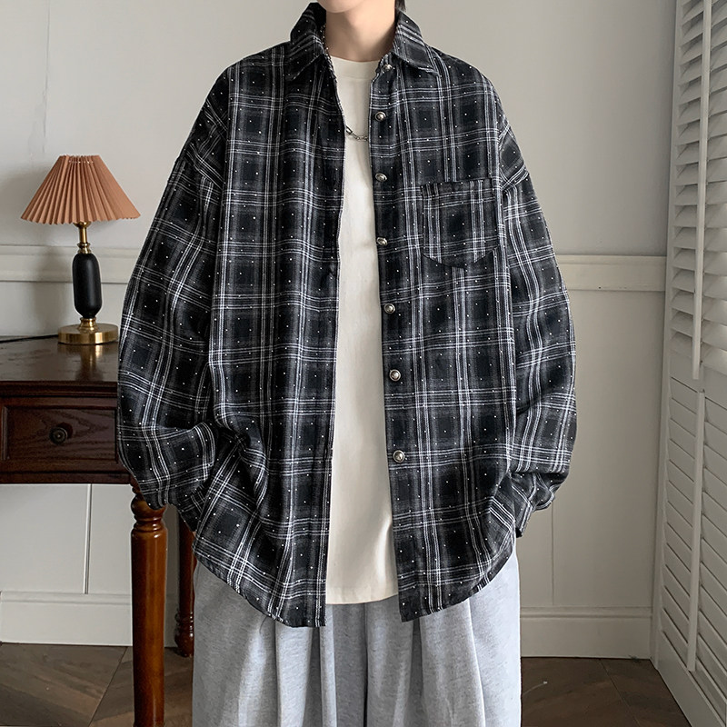 美式复古格子衬衫男款秋冬季痞帅高级感长袖衬衣潮流百搭宽松上衣