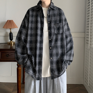美式复古格子衬衫男款秋冬季痞帅高级感长袖衬衣潮流百搭宽松上衣