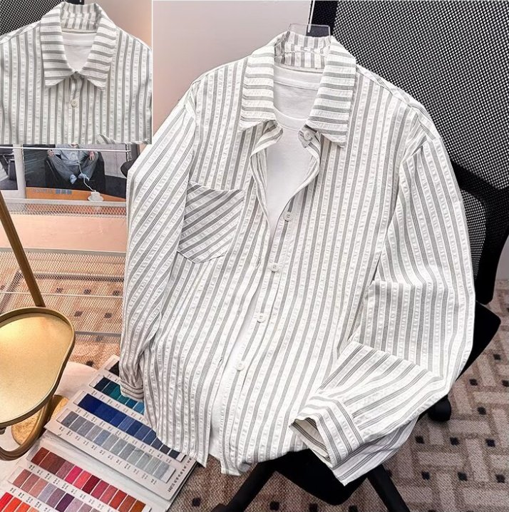 美式泡泡纱长袖衬衫外套男款秋季高智感正肩衬衣cleanfit条纹上衣
