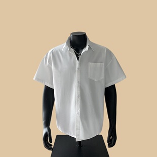 2025春季新品男装休闲风翻领短袖衬衫男夏季宽松透气白色上衣商务