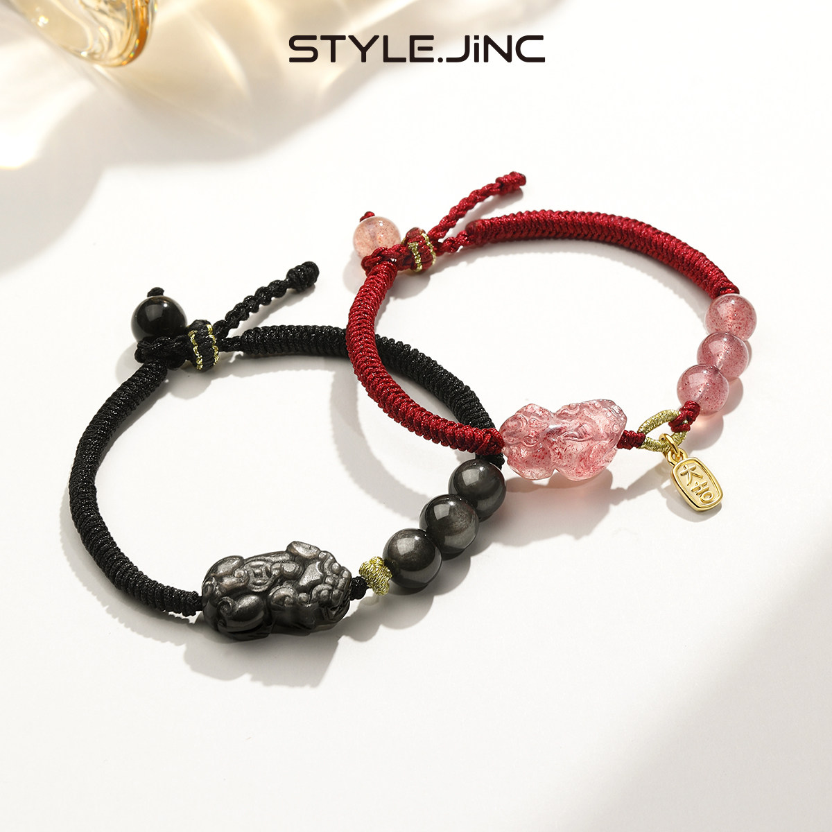 静风格貔貅手链男女款天然银曜石招财貔貅手串情侣款皮丘手绳编织