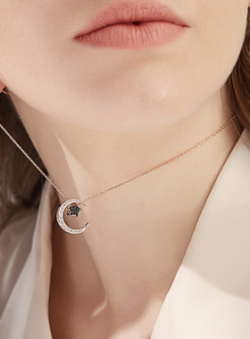 静风格S925银锁骨链镀14K玫瑰金吊坠星星月亮颈链生日礼物项链女