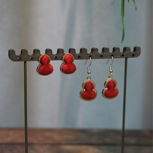 蚕丝正绢金通大红色红金葫芦形925针耳饰