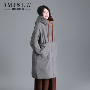 原创休闲羊毛内胆新款 棉衣显瘦时髦加厚女外套 棉服女连帽撞色长款