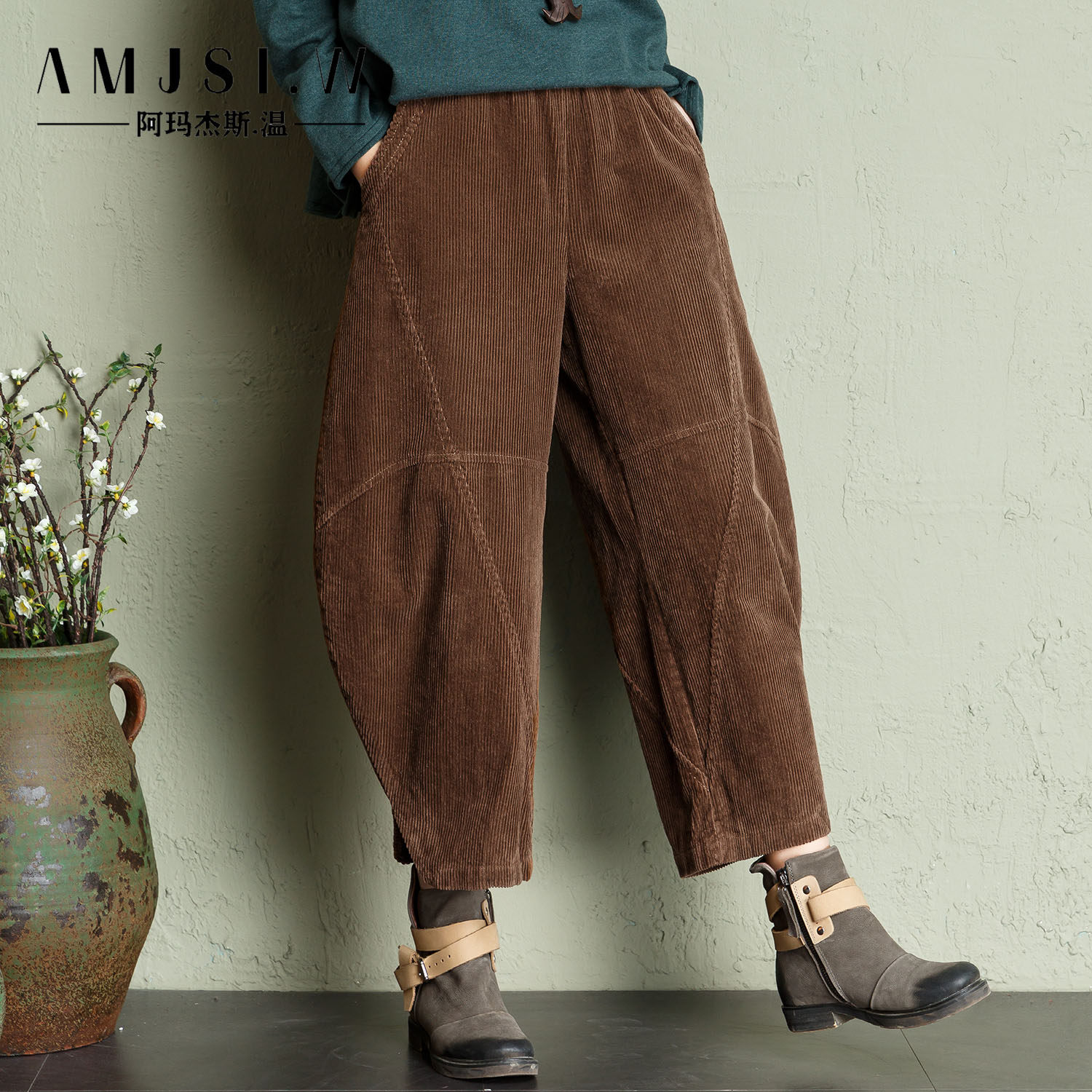 灯芯绒休闲裤女冬季八分高腰大码灯笼裤条绒显瘦靴裤七分百搭阔腿