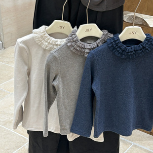 秋冬 洋气甜美纯色上衣设计感花边磨毛长袖 女童加厚打底衫 宝宝新款