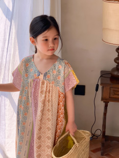 女童碎花连衣裙儿童长裙夏季新款田园波西米亚V领小女孩裙子清新