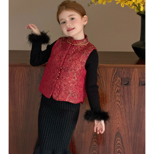 国风高级感夹棉背心儿童拜年服潮 新款 女童新中式 提花马甲2025冬季