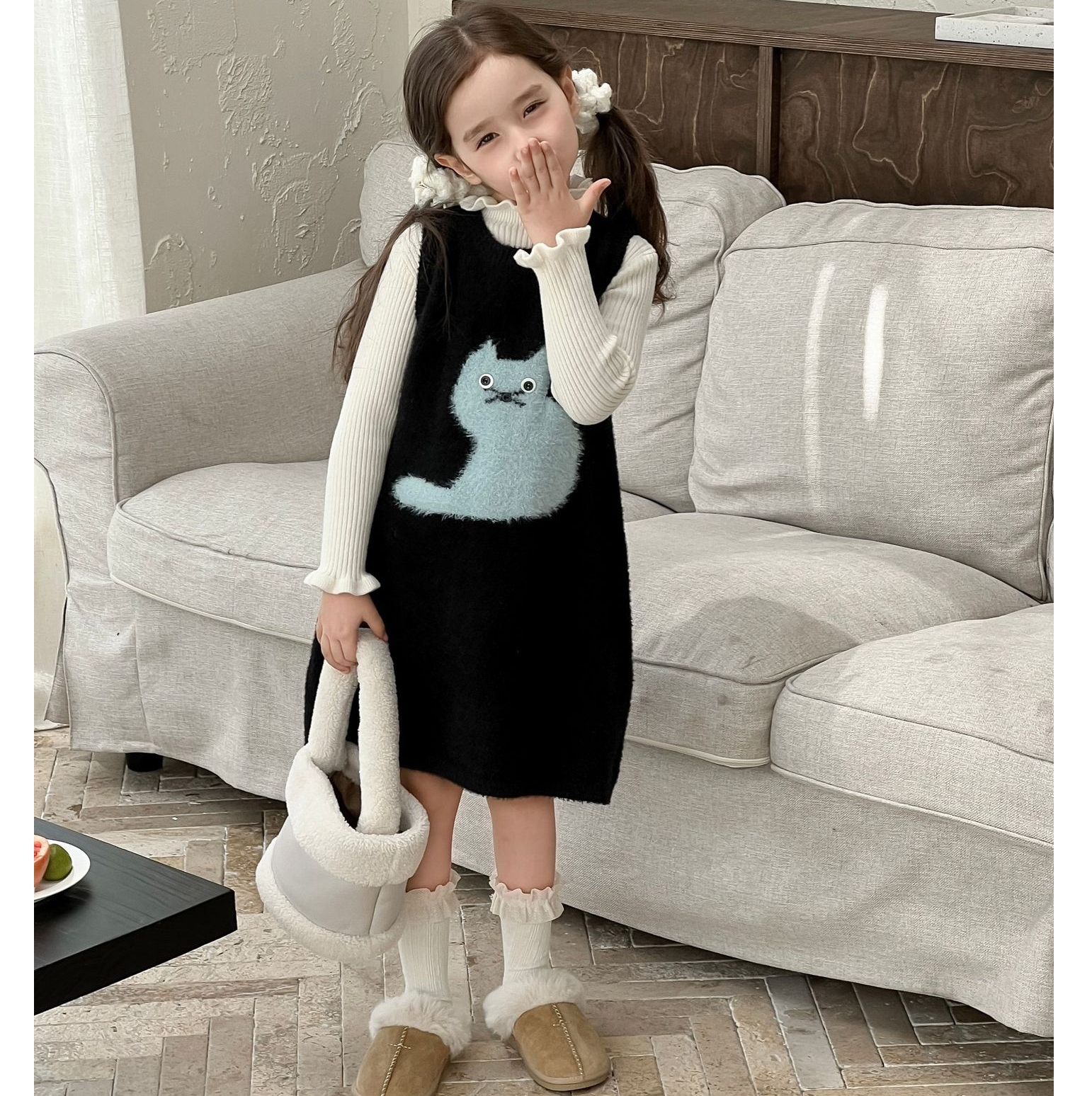 女童毛衣裙秋冬小女孩韩国绒卡通猫咪裙宝宝软糯加厚毛线裙韩版潮