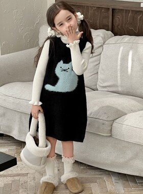 女童背心裙秋冬猫咪毛线裙连衣裙