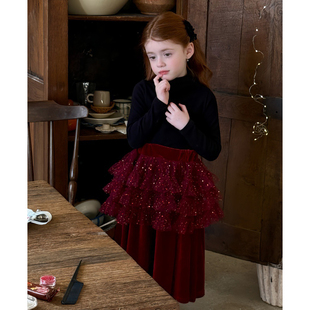 女童网纱丝绒半身裙小女孩年服红色设计师冬季假两件裙子长裙洋气