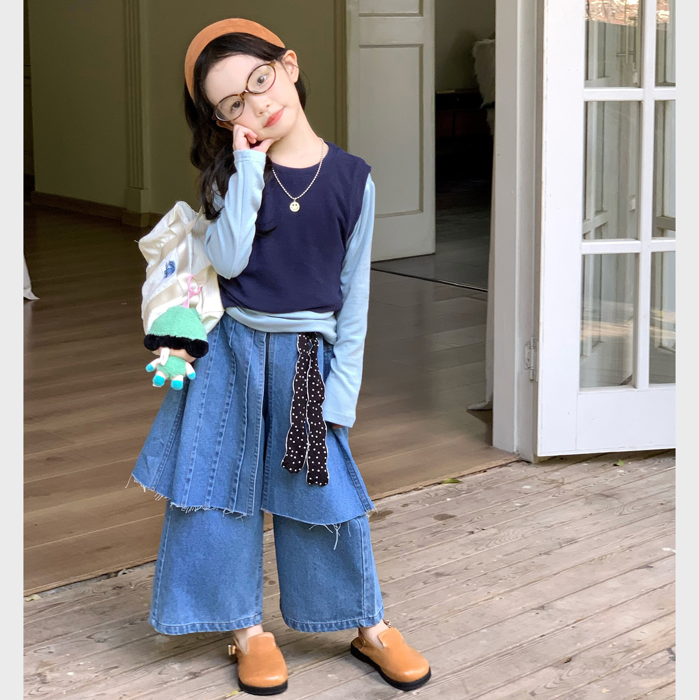 女童牛仔裤屁帘宽松背心打底衫套