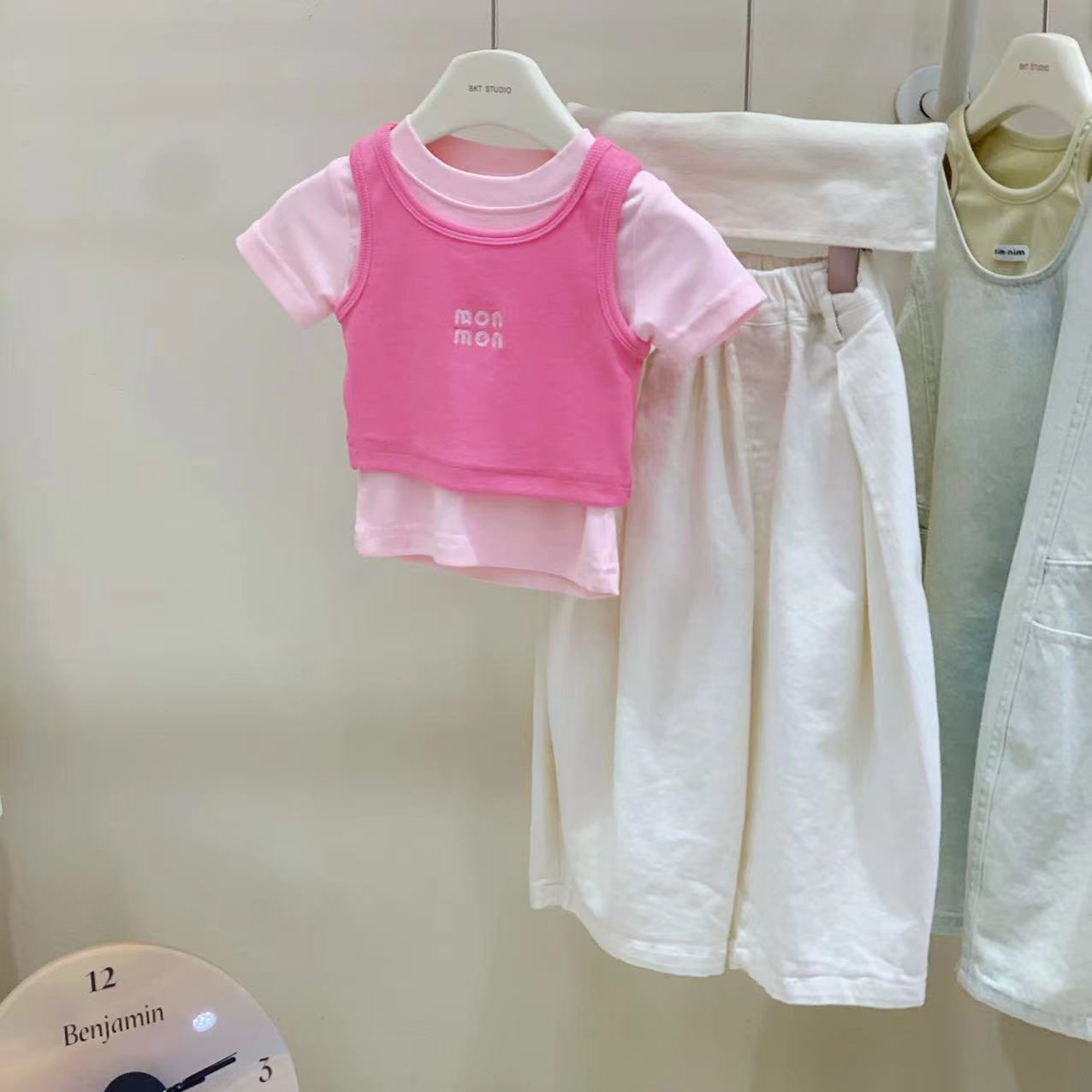 女童套装t恤短袖2025夏季新款粉色叠穿背心两件套裤子韩版小女孩