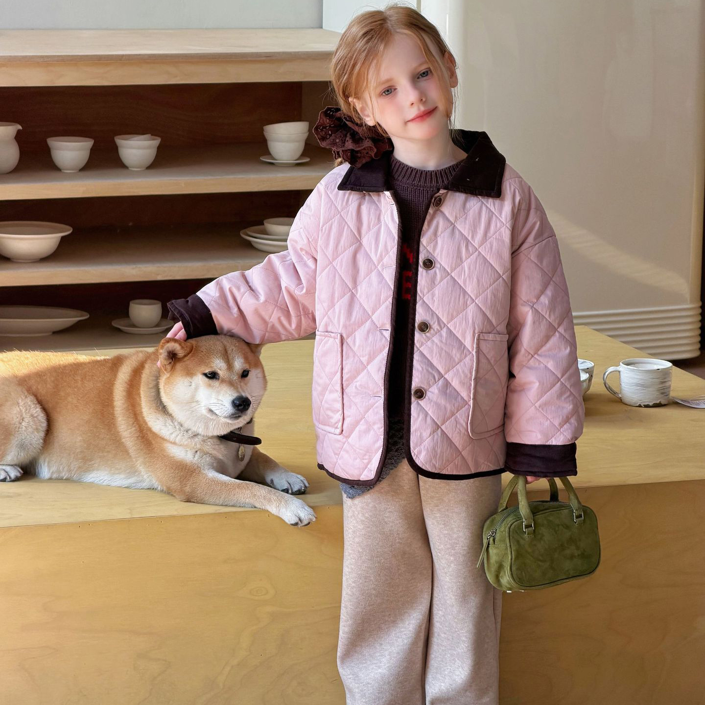 女童夹棉外套冬季菱形格棉服夹克