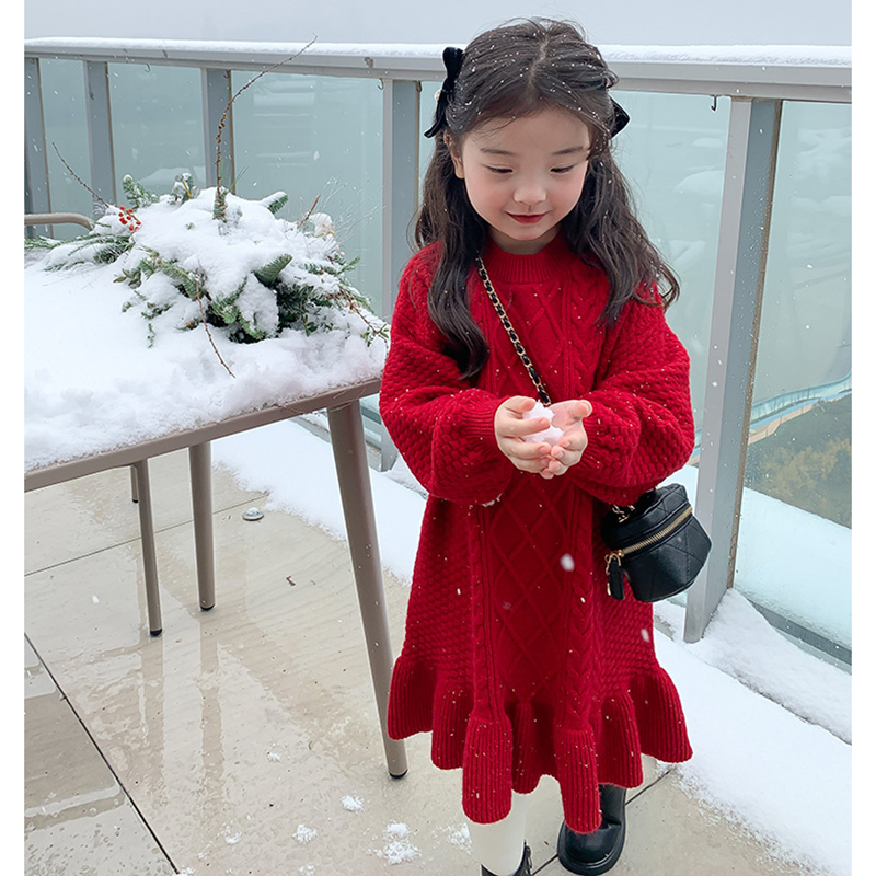 女童麻花冬季新年圣诞连衣裙毛衣