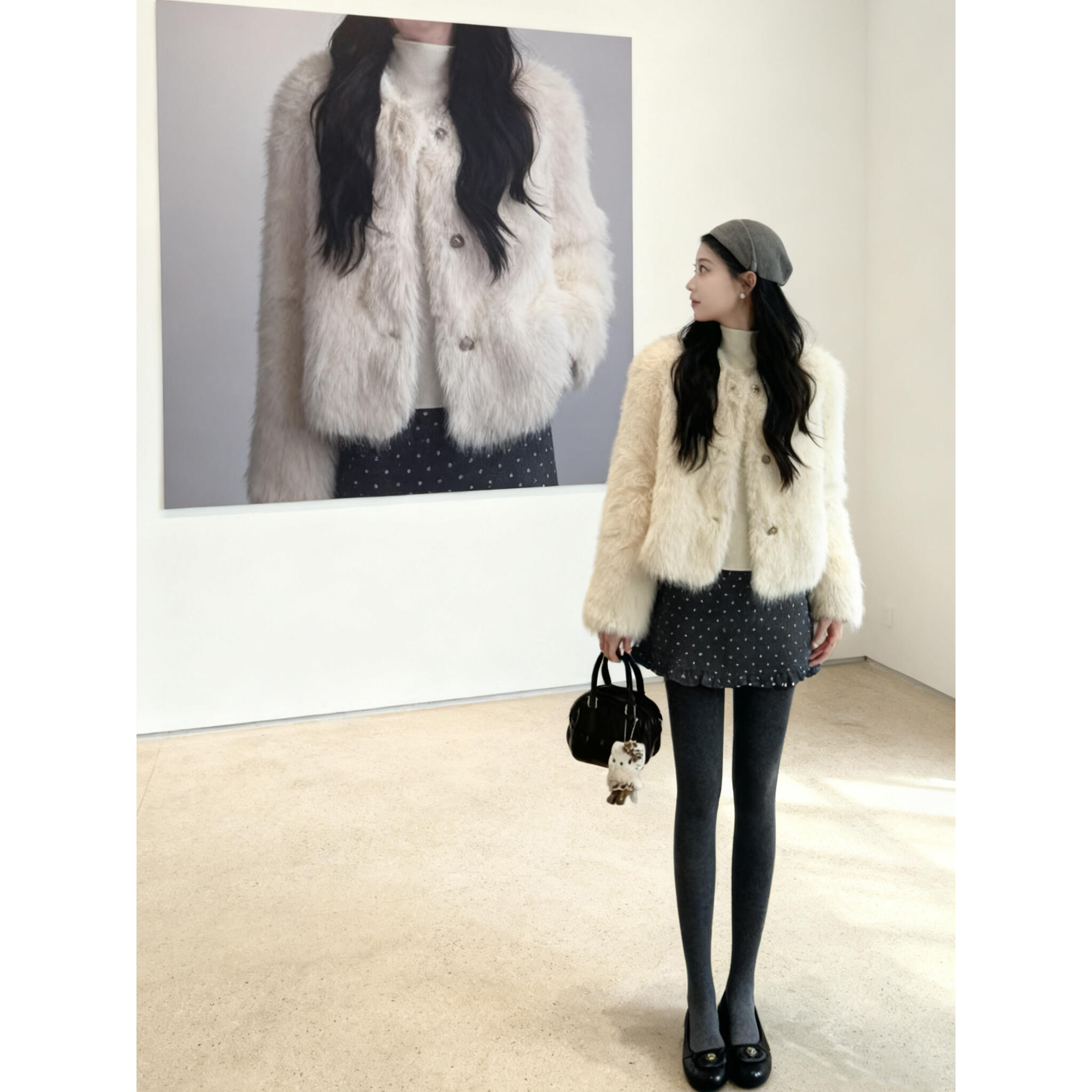 高级感珍珠扣短皮草女小香风毛绒外套白色短款毛毛外套轻奢冬季