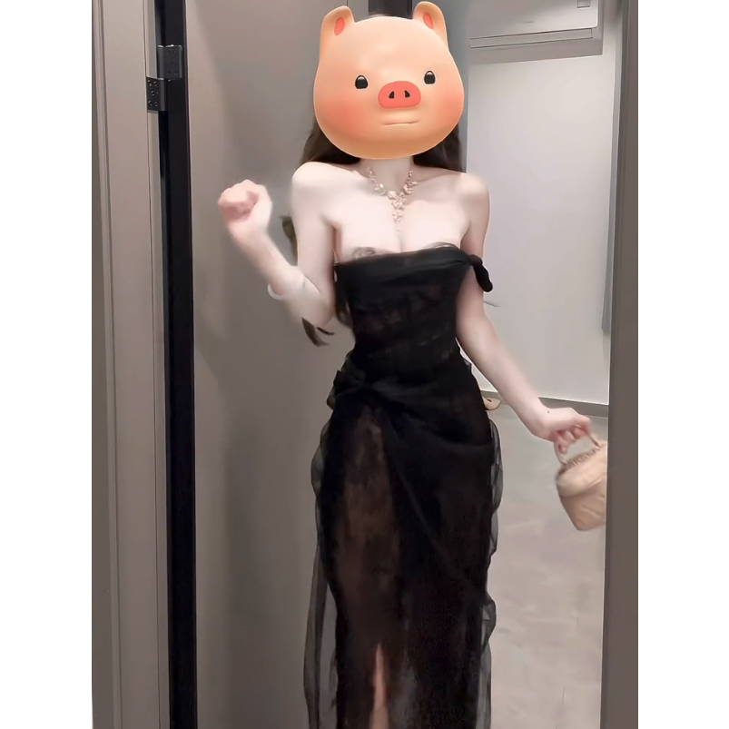 黑色网纱抹胸连衣裙女高级感派对礼服鱼尾收腰显瘦气质裙蕾丝名媛