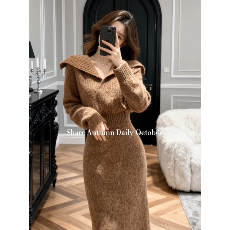韩系高级感咖色翻领针织连衣裙女慵懒风修身长裙美拉德风秋冬气质