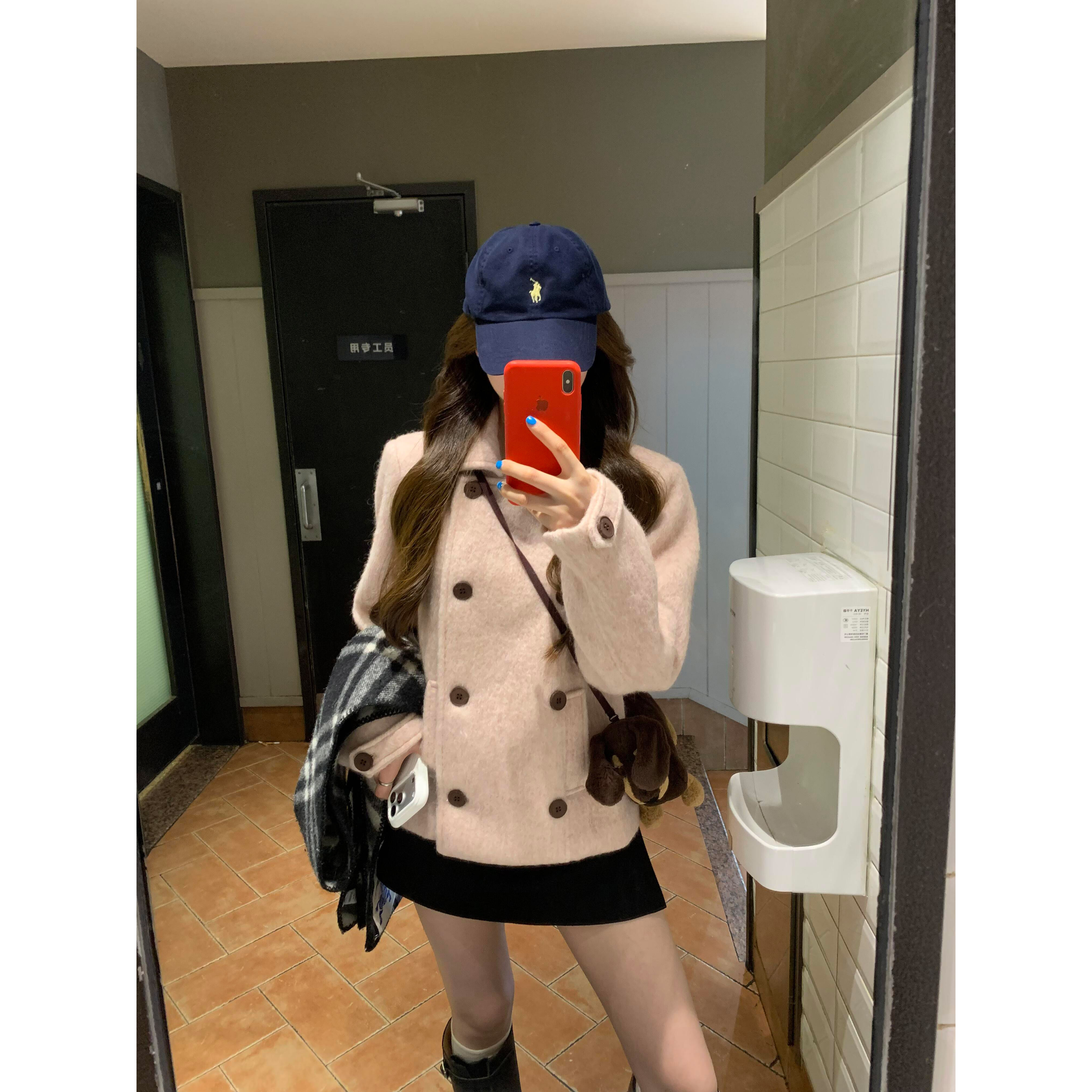 学院风双排扣短款毛呢外套女秋冬羊毛收腰大衣韩系温柔慵懒风软糯