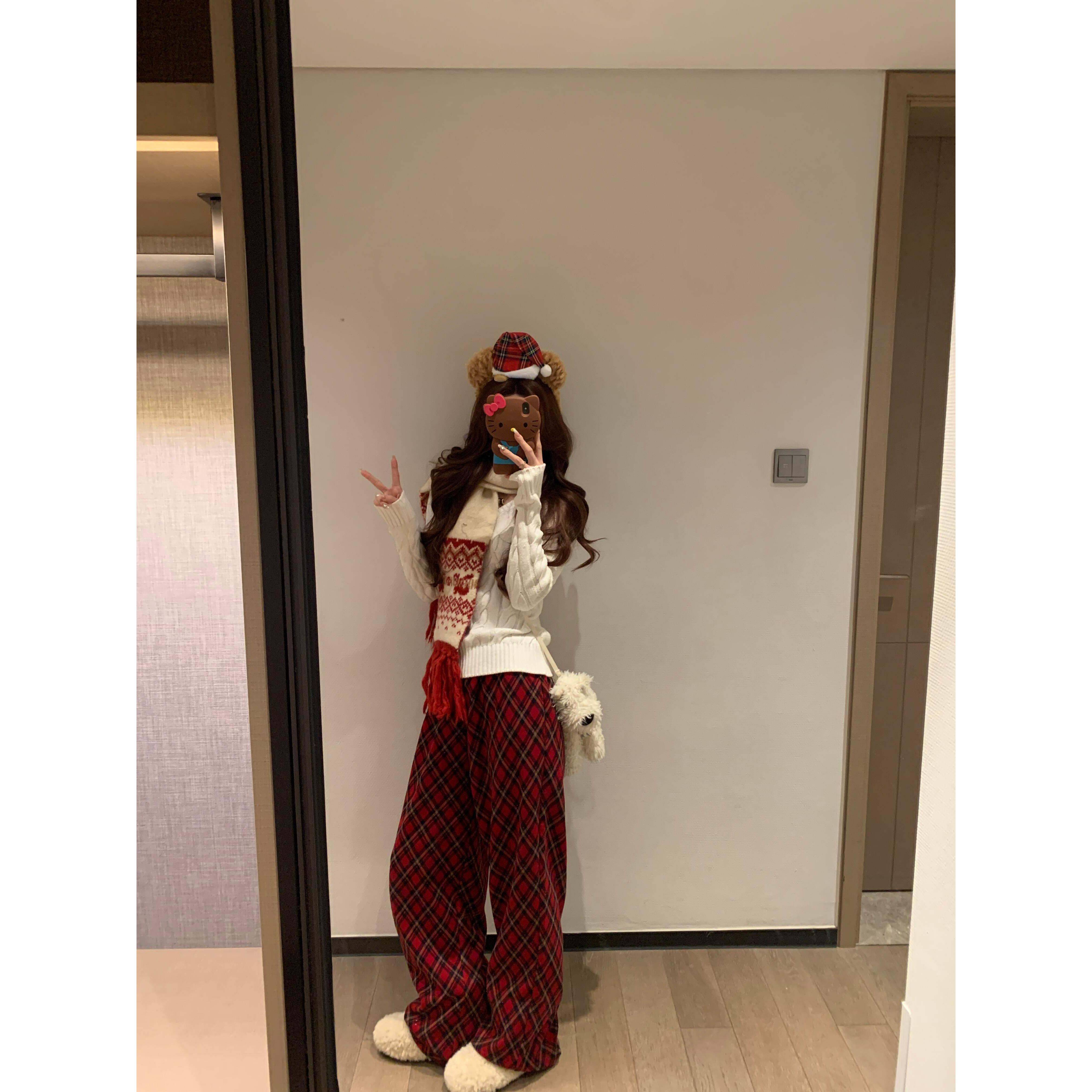 圣诞复古撞色穿搭麻花针织衫格纹裤女时髦两件套装韩系休闲秋冬季