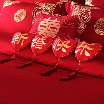 高端140支长绒棉纯棉爱心摆件婚庆创意压床抱枕喜庆红色婚房布置