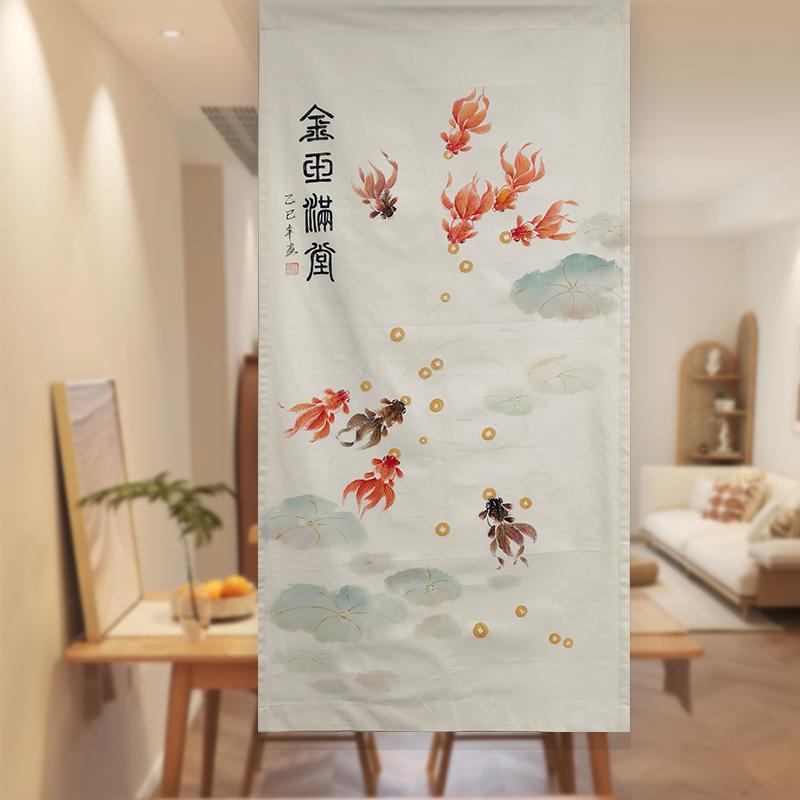 中式九鱼手绘吉祥寓意门帘卧室隔断玄关过道装饰画卫生间厕所长帘图片