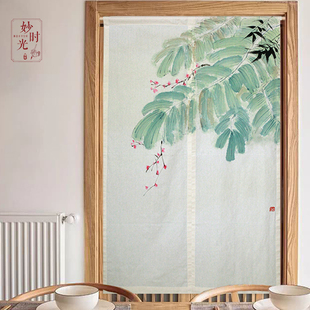 手绘芭蕉门帘 新中式 原创棉麻禅意免打孔暖帘隔断半帘定制玄关