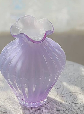 香芋牛奶紫色花边小口大肚竖纹纯手工玻璃花瓶水养插花器家居摆件