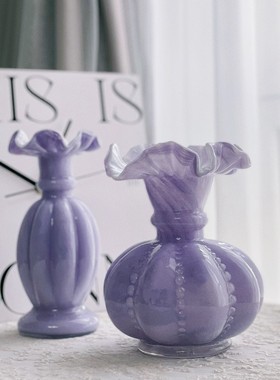 中古芬顿花边典雅紫色纯手工玻璃瓜形花瓶水养插花器家居装饰摆件