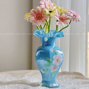 超美复古手绘花鸟芬顿六角形手工玻璃花瓶水养插花器家居装饰摆件