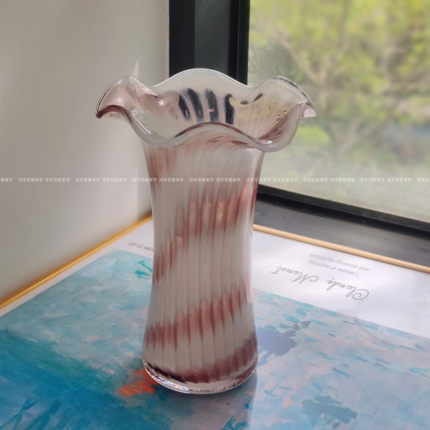 粉白渐变色花边口大口径手工花瓶