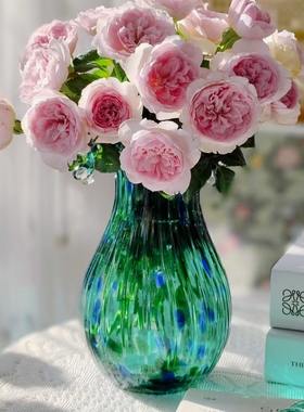 绿蓝色彩点波浪花水滴口手工花瓶