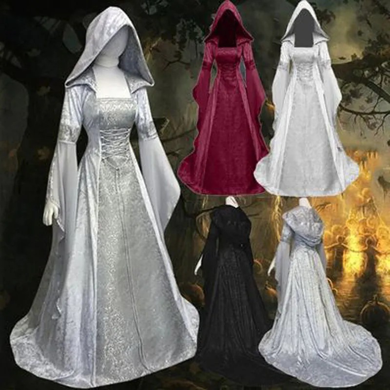 女巫cos服中世纪复古风婚纱8色连帽束腰连衣裙cosplay万圣节服装