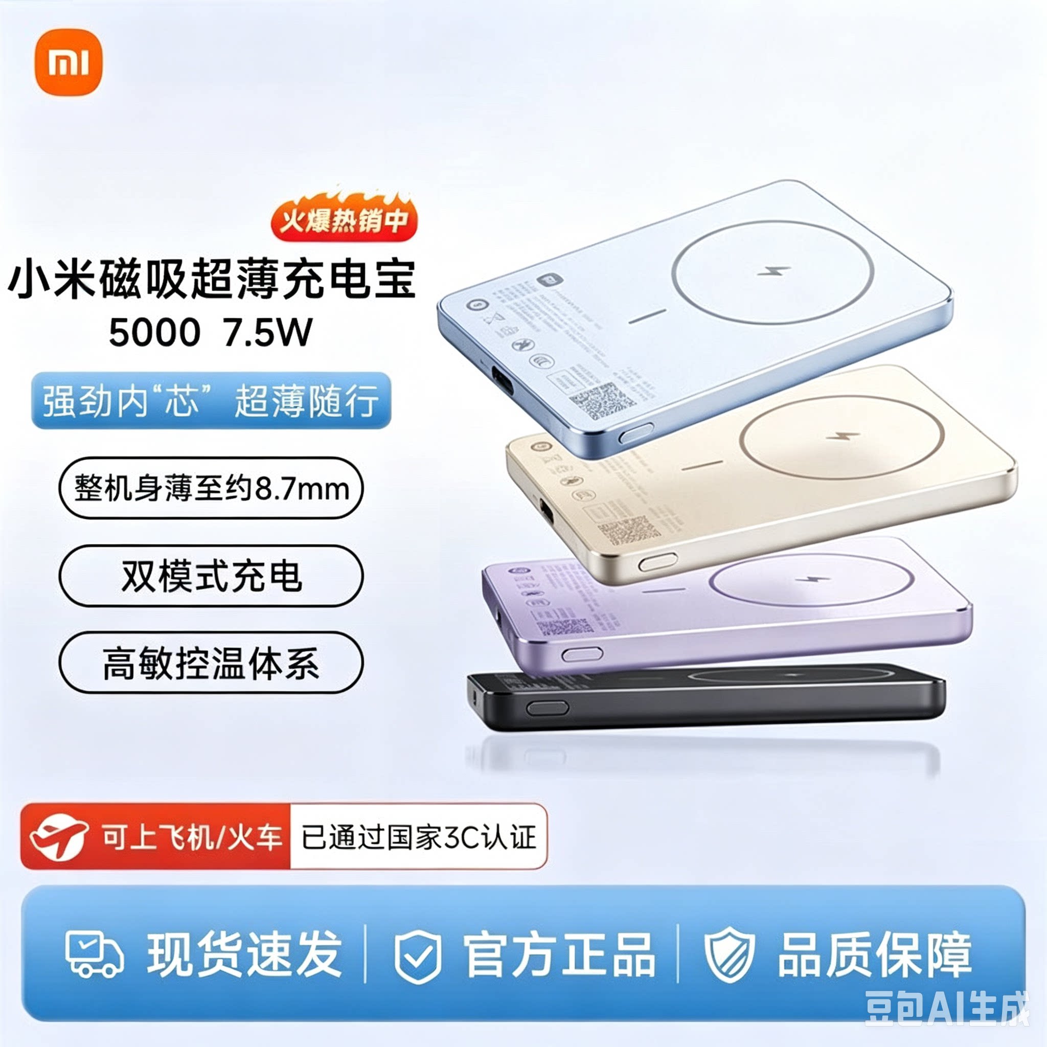 【3C 认证】新款小米磁吸超薄充电宝5000mAh7.5W无线小巧移动电源
