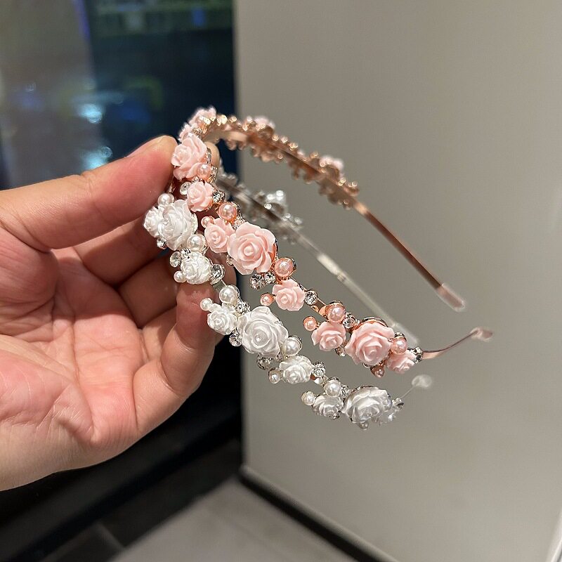 新款甜美小清新轻奢仿珍珠数水钻玫瑰花发箍女生时尚百搭头箍发饰