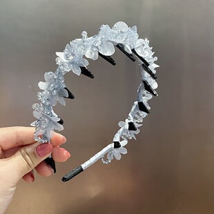 重工倒插梳水晶发箍高级感手工串珠水钻花朵头箍高颅顶百搭发饰