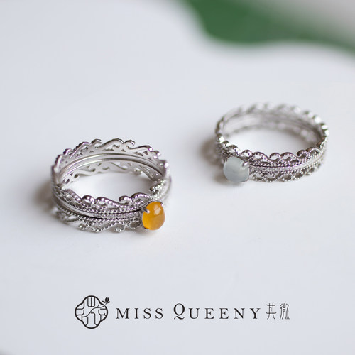MissQueeny其微|18k白金叠戴翡翠蕾丝戒指可拆分精致百搭轻奢小众